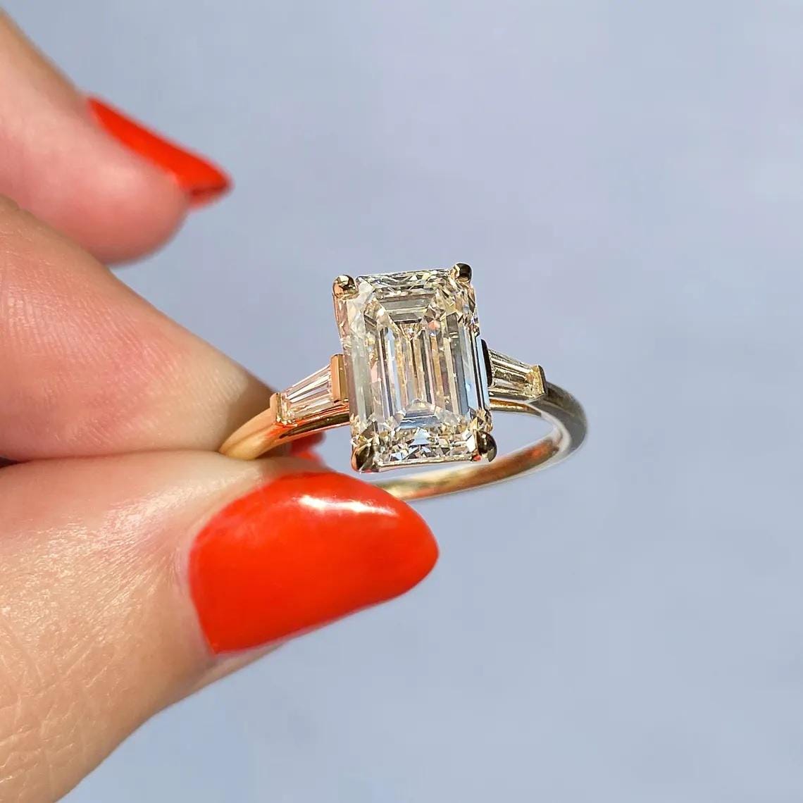 Classic Emerald Cut Diamond Ring | 18K Solid Gold Baguette Side Stones ...