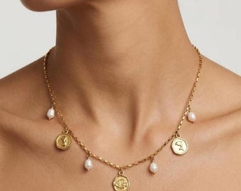 sea animal charm necklace with real freshwater pearls, gold waterproof charm necklace for beach, necklace for summer vacation, fish necklace