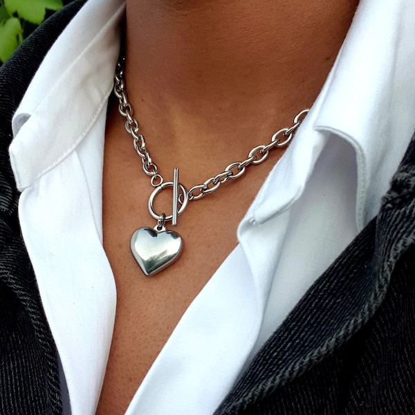 silver chunky stainless steel thick cable chain necklace with heart pendant, gift for girlfriend