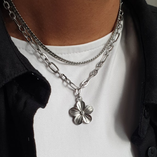 silver flower necklace, pendant cable chain, floral choker