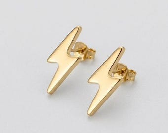 gold lightning earring stud earring, stainless steel unisex earring, flash sensitive skin earring