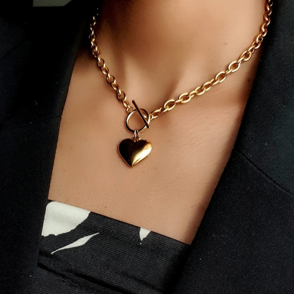 thick gold plated chunky chain pendant heart necklace, valentine's day gift for women