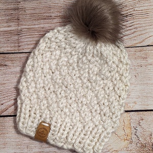 Knit Wool Free Beanie | Chunky knit beanie with Pom Pom | Textured Beanie | Faux Fur Pom Pom | Child Size | Acrylic Beanie