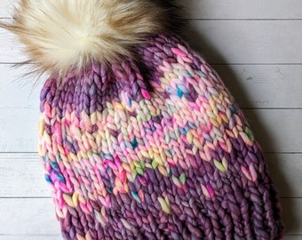 Luxury Knit Wool Beanie | Chunky knit beanie with Pom Pom | Winterfell Beanie | Faux Fur Pom Pom | Adult Size