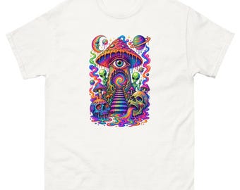 Psychedelic Mushroom T-Shirt, Trippy Alien Tee, Third Eye Mushroom Shirt, Cosmic Skull Graphic Tee, Colourful Festival Tee, Surreal Art Tee