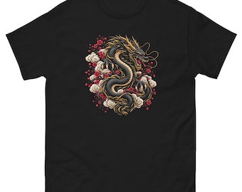 Black & Gold Chinese Dragon T-Shirt – Red Blossom Dragon Graphic Tee – Asian Mythology Unisex Shirt