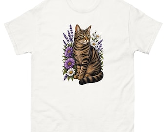 Tabby Cat T-Shirt, Floral Tabby Cat Tee, Lavender Cat Shirt, Cat Lover Gift, Botanical Cat T-Shirt, Brown Tabby Graphic Tee