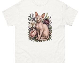 Sphynx Cat T-Shirt, Floral Sphynx Cat Tee, Hairless Cat Shirt, Sphynx Cat Gift, Cat Lover T-Shirt, Botanical Cat Graphic Tee