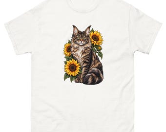 Maine Coon Cat T-Shirt, Sunflower Cat Tee, Floral Cat Shirt, Maine Coon Gift, Cat Lover T-Shirt, Botanical Cat Graphic Tee