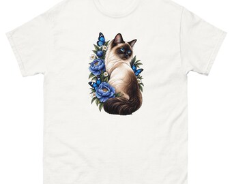 Siamese Cat T-Shirt, Blue Floral Cat Tee, Butterfly Cat Shirt, Siamese Cat Gift, Cat Lover T-Shirt, Botanical Cat Graphic Tee