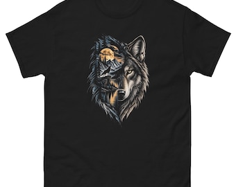 Wolf Mountain T-Shirt, Wolf Moon Graphic Tee, Wilderness Wolf Shirt, Forest Landscape T-Shirt, Nature Wolf Gift, Black Wildlife Tee