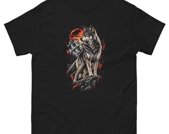 Wolf Mountain T-Shirt, Red Moon Wolf Graphic Tee, Wilderness Wildlife Shirt, Mountain Forest Wolf Tee, Nature Lover Gift