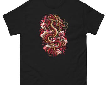 Red Chinese Dragon T-Shirt – Blossom Dragon Graphic Tee – Chinese Mythology Fantasy Art – Unisex Black Shirt