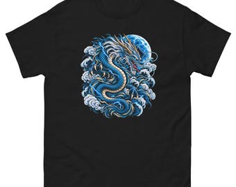 Ice Blue Chinese Dragon T-Shirt – Full Moon Dragon Graphic Tee – Mythology Fantasy Art – Unisex Black Shirt