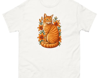 Ginger Cat T-Shirt, Orange Tabby Cat Tee, Floral Cat Shirt, Lily Flower Cat Top, Ginger Cat Gift, Cat Lover Graphic Tee
