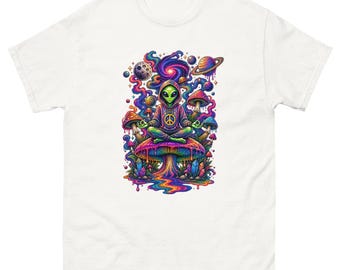 Psychedelic Alien T-Shirt, Meditating Alien Mushroom Tee, Trippy Space Shirt, Cosmic Alien Graphic Tee, Colourful Festival T-Shirt