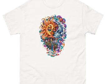 Psychedelic Sun and Moon T-Shirt, Trippy Celestial Tee, Mushroom Graphic Shirt, Cosmic Art T-Shirt, Colourful Festival Tee, Boho Space Shirt