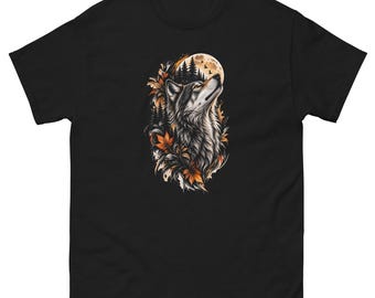 Howling Wolf T-Shirt, Full Moon Wolf Graphic Tee, Autumn Forest Wildlife Shirt, Wilderness Nature Tee, Wolf Lover Gift