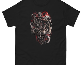 Samurai Wolf T-Shirt, Japanese Wolf Graphic Tee, Red Moon Warrior Shirt, Dark Fantasy Wolf Tee, Japanese Inspired Gift