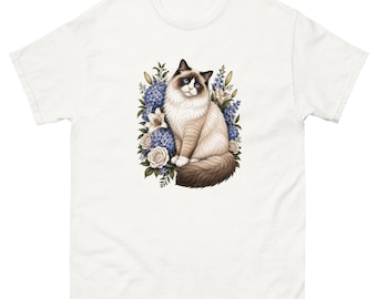 Ragdoll Cat T-Shirt, Floral Ragdoll Cat Tee, Blue Flower Cat Shirt, Ragdoll Cat Gift, Cat Lover T-Shirt, Botanical Cat Graphic Tee