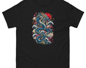 Blue Chinese Dragon T-Shirt – Ocean Wave Dragon Graphic Tee – Asian Mythology Art – Unisex Black Fantasy Shirt