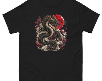 Black Chinese Dragon T-Shirt – Red Moon Dragon Graphic Tee – Asian Mythology Art – Unisex Fantasy Shirt