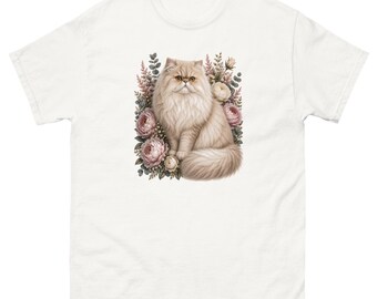 Persian Cat T-Shirt, Floral Persian Cat Tee, Fluffy Cat Shirt, Persian Cat Gift, Cat Lover T-Shirt, Botanical Cat Graphic Tee