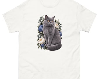 British Shorthair Cat T-Shirt, Grey Cat Tee, Floral Cat Shirt, British Shorthair Gift, Cat Lover T-Shirt, Botanical Cat Graphic Tee