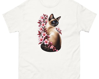 Siamese Cat T-Shirt, Floral Cat Tee, Blue Eyed Cat Shirt, Cherry Blossom Cat Art, Cat Lover Gift, Unisex Graphic Tee