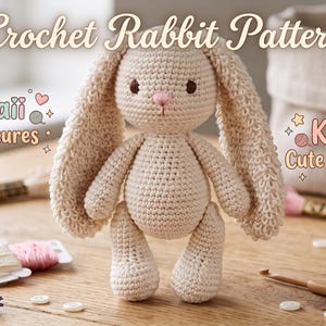 Puede incluir: Un conejo de ganchillo beige con orejas largas, ojos oscuros y nariz rosa. El texto "Crochet Rabbit Pattern" y "Kawaii Cute Treasures" aparece en la imagen. El conejo está rodeado de hilo de bordar, botones blancos y un ganchillo de madera.