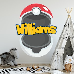 Poke-Ball Wall Decal, Custom Name, Poke-Pika Stickers, Personalized Name, Iconic Poke-Ball Wall Art, Boy & Girls, Wall Decor, PN-PK.05