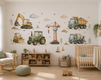 Construction Truck Wall Decal Set, Crane Tractor Nursery Stickers, Kids Room Decor, Boys Playroom Wall Stickers