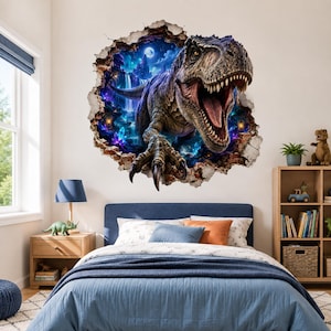 May include: A wall decal featuring a three-dimensional effect of a brown Tyrannosaurus Rex breaking through a brick wall. The dinosaur is set against a vibrant, glowing landscape with a full moon, waterfalls, and purple crystals in the background.