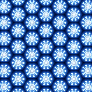 Puede incluir: Un patrón repetitivo de formas hexagonales azules con un diseño de círculo blanco brillante en el centro de cada hexágono.