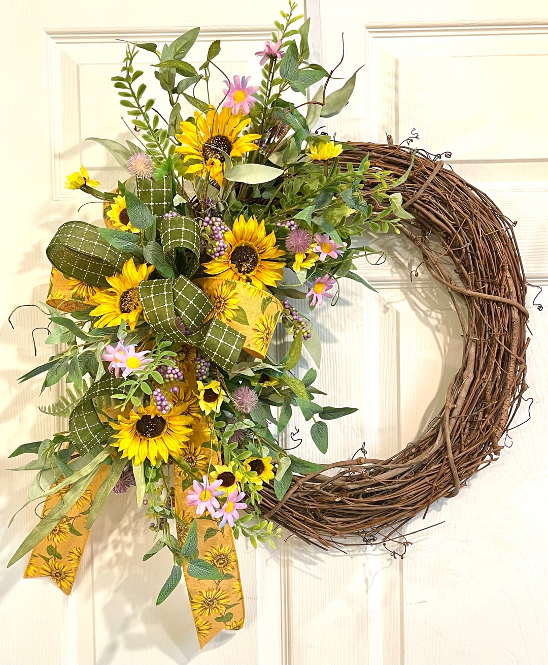Fall Cottage Sunflower Wreath for Front Door, Yellow Artificial Rustic ...