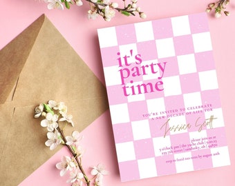 Birthday Invitation | Modern +Fun | Custom Template | Pink Checkerboard Birthday Invite | Its Party Time Party Invitation | Digital Download