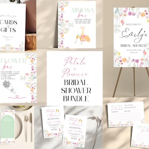 Pacchetto completo per la festa della sposa / Cartelli per la festa della sposa Petals & Prosecco / Mimosa Bar, cartello di benvenuto, menu, invito, attività, biglietti e regali