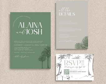 Tropical Wedding Invitation Suite: Modern Minimalist Design (Instant Download)
