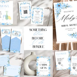 Pacchetto completo di segnaletica e decorazioni per addio al nubilato / Something Blue Before I Do / Mimosa Bar, cartello di benvenuto, menu, invito, attività, biglietti/regali