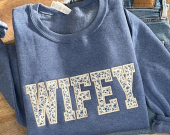 Toile De Jouy Wifey Sweatshirt, Embroidered Wifey Sweatshirt, Engagement Sweatshirt, Blue Floral Sweatshirt, Toile De Jouy Sweatshirt