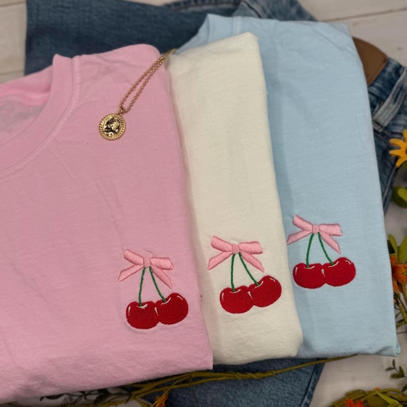 Embroidered Cherry Shirt, Cherry Coquette Aesthetic Tee with Bow, Comfort Colors Shirt, Cherry T-shirt, Cute Minimalist  Shirt, Coquette Bow