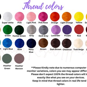 May include: A color chart displaying a variety of thread colors. The chart includes a spectrum of colors, from black and white to pink, orange, yellow, green, blue, and brown. Text at the top reads "Thread colors."
