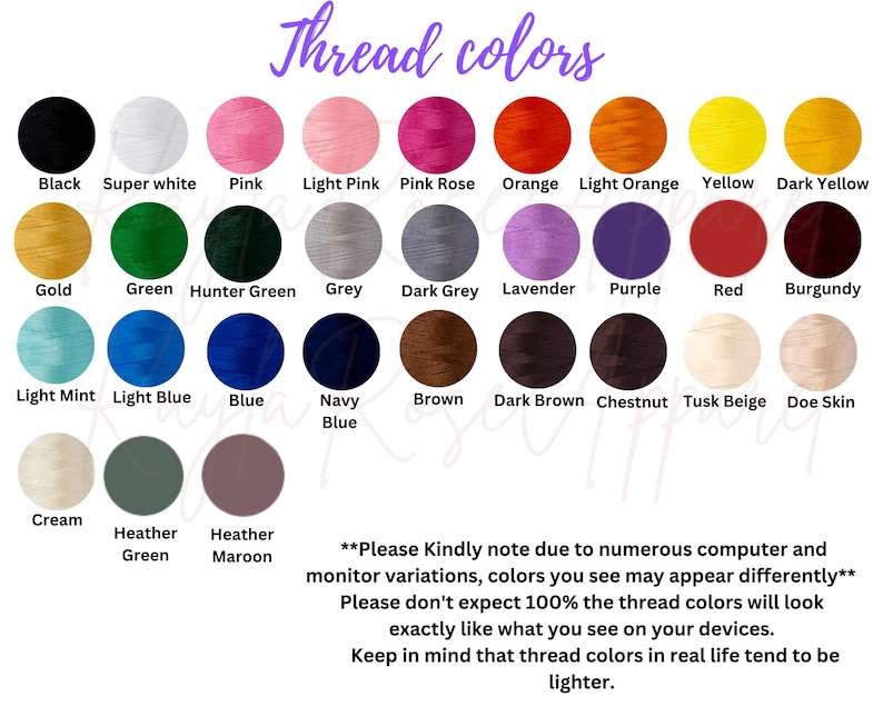 May include: A color chart displaying a variety of thread colors. The chart includes a spectrum of colors, from black and white to pink, orange, yellow, green, blue, and brown. Text at the top reads "Thread colors."
