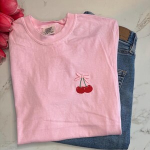 Embroidered Cherry Shirt, Cherry Coquette Aesthetic Tee with Bow, Comfort Colors Shirt, Cherry T-shirt, Cute Minimalist Shirt, Coquette Bow image 2