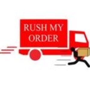 May include: A red delivery truck with the words "Rush My Order" on the side. A person is running with a brown box in their hands.
