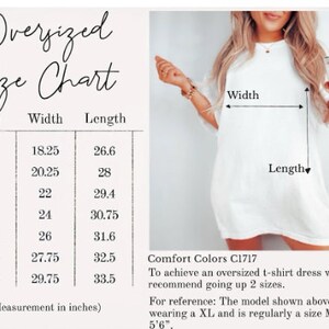 May include: White t-shirt dress with an oversized fit. The image includes a size chart with measurements in inches, ranging from S to 4XL. The chart shows the width and length of the dress. The model is wearing an XL.