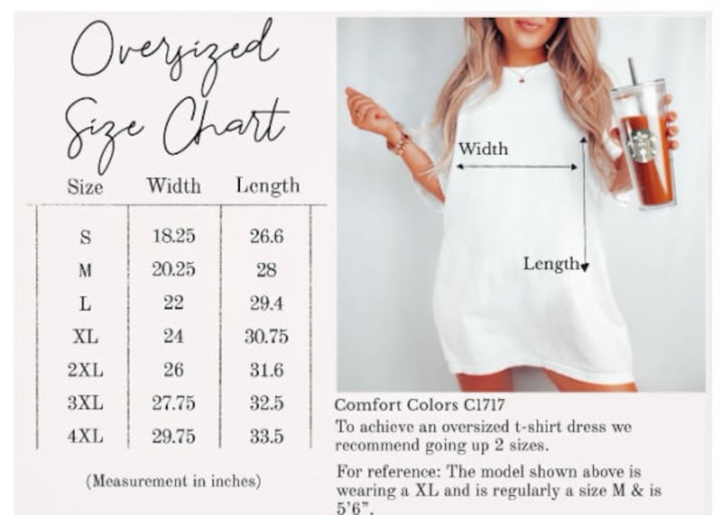 May include: White t-shirt dress with an oversized fit. The image includes a size chart with measurements in inches, ranging from S to 4XL. The chart shows the width and length of the dress. The model is wearing an XL.