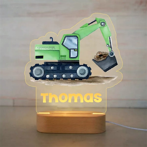 Lumière de nuit d’excavatrice personnalisée | Lumières de nuit de camion personnalisées avec nom | Lampe de chevet tracteur | Cadeau d'anniversaire