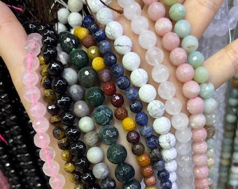 Natürliche Facettierte Edelstein Perlen 4mm 6mm 8mm 10mm Geschliffener Stein Runde Lose Perle Achat Kristall Quarz Edelstein Spacer Perlen für DIY Schmuckherstellung