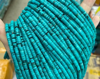 May include: A handful of turquoise-colored, cylindrical beads. The beads are small, with a flat, disc-like shape and a hole running through the center. The beads are strung together, forming a thick strand. The color is a vibrant, solid turquoise.